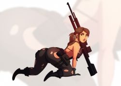 Rule 34 | 1girl, all fours, ass, bikini, boots, breasts, brown hair, gloves, gun, looking at viewer, metal gear (series), metal gear solid v: the phantom pain, pantyhose, ponytail, quiet (metal gear), rifle, risketcher, sniper rifle, solo, swimsuit, torn clothes, torn pantyhose, weapon
