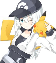 Rule 34 | 10s, 1girl, alternate costume, anchor symbol, animal, animal on shoulder, baseball cap, blue eyes, creatures (company), cropped jacket, closed eyes, female protagonist (pokemon go), game freak, gen 1 pokemon, hair between eyes, hat, hibiki (kancolle), kantai collection, long hair, looking at another, nintendo, one eye closed, pikachu, pokemon, pokemon (creature), pokemon go, rateratte, silver hair, upper body