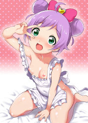 Rule 34 | 1girl, absurdres, ahoge, apron, barefoot, blush, bow, breasts, covered navel, double bun, frills, green eyes, hair bow, highres, looking at viewer, manaka laala, naked apron, nipples, open mouth, pretty series, pripara, purple hair, short hair, sitting, small breasts, smile, solo, v over eye, yokkora