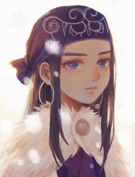Rule 34 | 1girl, ainu, ainu clothes, asirpa, bandana, black hair, blue bandana, blue eyes, blue headband, cape, closed mouth, commentary request, ear piercing, earrings, eyebrows, fur cape, golden kamuy, headband, highres, hoop earrings, jewelry, lips, long hair, looking at viewer, piercing, sidelocks, simple background, solo, upper body, white background, white cape, zinkaku69