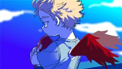 Rule 34 | 1boy, aged down, blonde hair, boku no hero academia, character doll, endeavor (boku no hero academia), feathered wings, feathers, hawks (boku no hero academia), highres, holding, holding stuffed toy, male focus, nishino (fetv8484), red feathers, red wings, short hair, solo, stuffed toy, wings