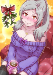 Rule 34 | 1girl, akairiot, aran sweater, artist name, black thighhighs, blush, bow, breasts, brown eyes, cable knit, cleavage, collarbone, cup, dress, female focus, fire emblem, fire emblem awakening, flying sweatdrops, from above, grey hair, highres, hot chocolate, jewelry, large breasts, long hair, looking at viewer, mistletoe, mug, necklace, nintendo, off-shoulder, off-shoulder sweater, off shoulder, ponytail, robin (female) (fire emblem), robin (fire emblem), signature, sitting, skindentation, smile, solo, super smash bros., sweater, sweater dress, swept bangs, thighhighs, zettai ryouiki