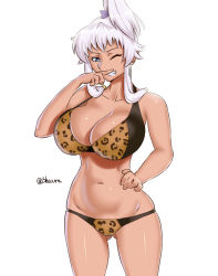 Rule 34 | 1girl, akaza chacha, animal print, bad id, bad pixiv id, bikini, blaccura, blue eyes, breasts, cleavage, female focus, grin, hand on own hip, highres, large breasts, leopard print, looking at viewer, maken-ki!, navel, one eye closed, purple hair, simple background, smile, solo, swimsuit, thighs, twitter username, white background