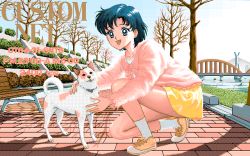 Rule 34 | 1990s (style), 1girl, 4bpp, :d, ad, bare tree, bench, bishoujo senshi sailor moon, blue eyes, blue hair, bridge, cardigan, day, dithering, dog, ducking, grass, happy, looking at viewer, matching hair/eyes, miniskirt, mizuno ami, non-web source, open mouth, outdoors, park, park bench, pavement, pc-98 (style), phone number, pixel art, retro artstyle, rex, shadow, shoes, short hair, skirt, sky, smile, sneakers, socks, solo, squatting, phone number, tree, water, white socks, yellow skirt