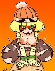 Rule 34 | 1boy, 1girl, arms (game), beanie, blonde hair, breasts, chinese text, commission, cowgirl position, food, green eyes, hat, hetero, highres, jellot, jewelry, leggings, mask, min min (arms), nintendo, nipples, noodles, pussy, short hair, straddling, thighs, topless, vaginal, wet