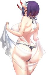 Rule 34 | 1girl, alternate breast size, ass, bad id, bad twitter id, black panties, blush, bob cut, breasts, commentary request, cowboy shot, eyeliner, eyeshadow, fate/grand order, fate (series), from behind, highres, hikimayu, holding, horns, large breasts, looking at viewer, looking back, makeup, neck ribbon, oni, panties, purple eyes, purple hair, red eyeshadow, revealing clothes, ribbon, short hair, shuten douji (fate), simple background, skin-covered horns, solo, spider apple, thong, translucent, underwear, white background