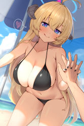Rule 34 | 1boy, 1girl, :q, ahoge, akari (blue archive), bare shoulders, beach, beach umbrella, bikini, black bikini, blonde hair, blue archive, blue eyes, blush, breasts, cleavage, closed mouth, collarbone, day, hair between eyes, halo, heart, holding hands, horns, interlocked fingers, large breasts, long hair, looking at viewer, nail polish, navel, outdoors, pink pupils, pov, sky, smile, solo focus, spoken heart, string bikini, swimsuit, symbol-shaped pupils, thighs, tongue, tongue out, umbrella, ushimittsu, very long hair, water