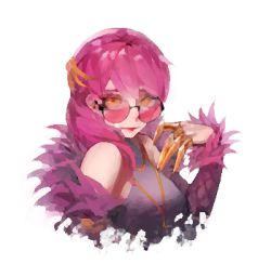 Rule 34 | 1girl, absurdres, bare shoulders, breasts, claws, closed mouth, commentary, evelynn (league of legends), fur trim, highres, jewelry, k/da (league of legends), k/da evelynn, league of legends, lips, long hair, long sleeves, looking at viewer, makeup, necklace, pink-tinted eyewear, pink-tinted glasses, pink hair, pixel art, purple-tinted eyewear, round eyewear, rsef, simple background, solo, sunglasses, tinted eyewear, white background, yellow eyes