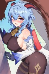 Rule 34 | 1girl, :d, against wall, ahoge, ass, bare shoulders, belt collar, bestiality, black gloves, black leotard, blue hair, blush, breasts, brown pantyhose, censored, collar, covered erect nipples, cowboy shot, detached sleeves, from side, ganyu (genshin impact), genshin impact, gloves, highres, horns, impossible clothes, impossible leotard, large breasts, leaning forward, leotard, long hair, long sleeves, looking at viewer, looking to the side, monster, mosaic censoring, ndgd, nose blush, open mouth, pantyhose, penis, purple eyes, sideboob, smile, solo