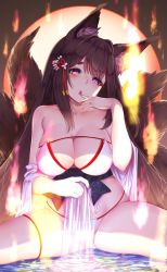 Rule 34 | 1girl, alternate costume, amagi (azur lane), amagi (wending waters serene lotus) (azur lane), animal ear fluff, animal ears, azur lane, bare shoulders, bikini, breasts, brown hair, cleavage, collarbone, finger to mouth, fire, floral print, foreshortening, fox ears, fox tail, groin, hair ornament, half-closed eyes, hand up, large breasts, long hair, looking at viewer, makeup, makumaxu, multiple tails, nail polish, red nails, see-through, sitting, solo, spread legs, swimsuit, tail, thick eyebrows, thighs, water, white bikini