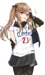 Rule 34 | 1girl, absurdres, arm behind back, armband, basketball jersey, black pantyhose, brown eyes, brown hair, girls&#039; frontline, highres, hood, hooded jacket, jacket, los angeles clippers, mango (mgo), national basketball association, ok sign, ok sign over eye, pantyhose, scar, scar across eye, scar on face, solo, thigh strap, twintails, ump9 (girls&#039; frontline), unworn jacket, white background