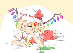 Rule 34 | 1girl, anger vein, annoyed, ascot, blonde hair, blush, constricted pupils, crossed legs, feet, female focus, flandre scarlet, food, food in mouth, hasepix, head rest, lying, mutsu (hasepix), no shoes, on stomach, pocky, pout, red eyes, short hair, side ponytail, skirt, skirt set, socks, solo, touhou, white socks, wings