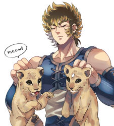 1boy animal armor blonde_hair breastplate closed_eyes cub eyelashes hands_up highres holding holding_animal kei_(nvew8238) leather_armor leo_aiolia light_frown lion_cub male_focus meowing muscular muscular_male official_alternate_costume saint_seiya short_hair simple_background solo speech_bubble tongue tongue_out upper_body whiskers white_background wrist_guards