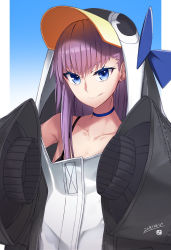 Rule 34 | 1girl, animal hood, bare shoulders, black jacket, blue background, blue bow, blue choker, blue eyes, blush, bow, breasts, choker, closed mouth, collarbone, dated, fate/grand order, fate (series), gradient background, hair between eyes, highres, hood, jacket, licking lips, long hair, long sleeves, looking at viewer, meltryllis, meltryllis (fate), meltryllis (swimsuit lancer) (fate), meltryllis (swimsuit lancer) (first ascension) (fate), mku, penguin hood, purple hair, sleeves past fingers, sleeves past wrists, smile, solo, tongue, tongue out, very long hair