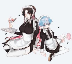 Rule 34 | 1boy, 1girl, apron, black dress, black footwear, black hair, black shirt, black shorts, blue eyes, blue hair, breasts, collared dress, collared shirt, commentary, dress, facial mark, fate/extra, fate/extra ccc, fate/grand order, fate (series), forehead mark, forehead tattoo, frilled hairband, frills, hairband, hans christian andersen (fate), heart, high heels, highres, holding, holding tray, juliet sleeves, large breasts, long hair, long sleeves, looking at viewer, multicolored hair, parfait, parted bangs, pink hair, pith u, puffy sleeves, ribbon, sessyoin kiara, shirt, shorts, sidelocks, simple background, sitting, streaked hair, symbol-only commentary, thighhighs, tray, very long hair, white apron, white headwear, white ribbon, white thighhighs, wrist cuffs, yellow eyes