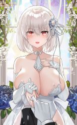 Rule 34 | 1boy, artist name, azur lane, bangs, black sleeves, blue flower, blush, breasts, bridal gauntlets, cleavage, collarbone, crying, crying with eyes open, dress, eyebrows visible through hair, flower, frilled ribbon, frills, gloves, hair between eyes, hair ornament, hairband, hand holding, hand on own chest, highres, impossible clothes, impossible dress, indoors, jaeyun, jewelry, large breasts, leotard, looking at viewer, medium hair, neck ribbon, open mouth, pov, red eyes, ribbon, ring, sirius (azur lane), solo, tears, wedding dress, wedding ring, white flower, white gloves, white leotard, window
