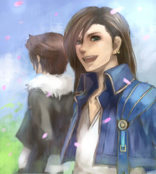 Rule 34 | 1990s (style), 2boys, age difference, brown hair, earrings, father and son, final fantasy, final fantasy viii, green eyes, habbitrot, highres, jewelry, laguna loire, male focus, multiple boys, open mouth, petals, retro artstyle, single earring, spoilers, squall leonhart