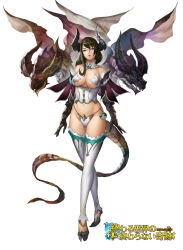 Rule 34 | 1girl, black hair, blue eyes, breasts, corset, detached collar, dragon, dragon girl, dragon horns, full body, heterochromia, highres, horns, large breasts, narongchai singhapand, navel, original, panties, purple eyes, simple background, solo, thighhighs, underwear, white background, wings