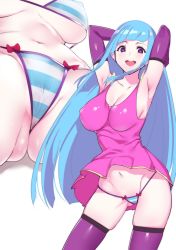 Rule 34 | 1girl, :d, armpits, arms up, bikini, bikini under clothes, blue hair, blunt bangs, breasts, cameltoe, cleavage, contrapposto, covered erect nipples, cowboy shot, dress, elbow gloves, gloves, gluteal fold, highres, large breasts, long hair, looking at viewer, lowleg, lowleg bikini, me!me!me!, meme (me!me!me!), multiple views, navel, open mouth, pink dress, purple bikini, purple gloves, purple thighhighs, short dress, sidelocks, simple background, skindentation, smile, string bikini, striped bikini, striped clothes, swimsuit, teeth, thighhighs, tomohiro kai, underboob, upper teeth only
