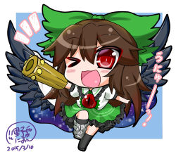Rule 34 | &gt; o, 1girl, ;d, bad id, bad pixiv id, bow, brown hair, chibi, control rod, dated, hair bow, hair ribbon, long hair, looking at viewer, noai nioshi, one eye closed, open mouth, red eyes, reiuji utsuho, ribbon, signature, smile, solo, third eye, touhou, translation request, unyu, wink