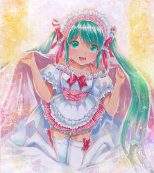 Rule 34 | 1girl, :d, bed sheet, blush, bow, bowtie, collarbone, corset, floating hair, full body, green eyes, green hair, hair ribbon, hatsune miku, kneeling, long hair, looking at viewer, maid headdress, marker (medium), mayo riyo, miniskirt, off-shoulder shirt, off shoulder, open mouth, pink skirt, red bow, red bowtie, red ribbon, ribbon, ribbon-trimmed shirt, shirt, skirt, smile, solo, thighhighs, traditional media, twintails, very long hair, vocaloid, white shirt, white thighhighs, zettai ryouiki
