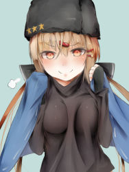 Rule 34 | 1girl, akino shuu, black bow, black gloves, black hat, blue background, blue shawl, blush, bow, breasts, brown eyes, brown hair, brown sweater, fingerless gloves, fur hat, gloves, hair between eyes, hair bow, hair ornament, hairclip, hat, holding shawl, jacket, kantai collection, long hair, long sleeves, looking at viewer, low twintails, medium breasts, papakha, shawl, sidelocks, simple background, smile, solo, star (symbol), sweater, tashkent (kancolle), twintails