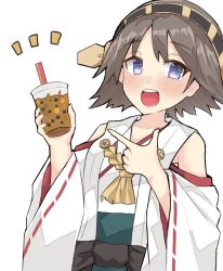 Rule 34 | 1girl, absurdres, brown hair, bubble tea, commentary request, cowboy shot, cup, detached sleeves, disposable cup, dokuganryuu, flipped hair, green skirt, hairband, headgear, hiei (kancolle), highres, japanese clothes, kantai collection, looking at viewer, one-hour drawing challenge, open mouth, pointing, purple eyes, ribbon-trimmed sleeves, ribbon trim, short hair, simple background, skirt, smile, solo, teeth, upper teeth only, white background