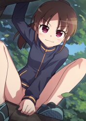 Rule 34 | 1girl, achiga school uniform, arm between legs, blush, bottomless, breasts, brown hair, climbing tree, eyelashes, heebee, in tree, jacket, leaf, long hair, long sleeves, looking at viewer, naked jacket, no panties, no pants, parted bangs, ponytail, red eyes, saki, saki (manga), saki achiga-hen, school uniform, shoes, small breasts, smile, sneakers, solo, takakamo shizuno, track jacket, tree, v-shaped eyebrows, wavy mouth
