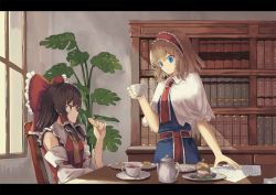 Rule 34 | 2girls, alice margatroid, arm up, bad id, bad pixiv id, black hair, blonde hair, blue dress, blue eyes, book, bookshelf, bow, brown eyes, capelet, chair, cookie, cream puff, cup, day, detached sleeves, dress, food, fruit, hair bow, hair tubes, hairband, hakurei reimu, highres, holding, holding cookie, holding cup, holding food, indoors, letterboxed, light frown, light smile, lolita hairband, looking at another, looking to the side, medium hair, multiple girls, ookashippo, paper, plant, plate, potted plant, red neckwear, red vest, sash, saucer, short hair, sitting, standing, strawberry, table, teacup, teapot, touhou, vest, white capelet, window, yellow neckwear