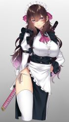 Rule 34 | 1girl, apron, arm strap, black gloves, blush, breasts, brown hair, facial mark, frills, gloves, groin, hair between eyes, hair ribbon, half gloves, hand on own hip, heart, highres, holding, holding sword, holding weapon, katana, large breasts, long hair, looking at viewer, maid, maid apron, maid headdress, onineko-chan, original, panties, pink ribbon, purple eyes, ribbon, sheath, sheathed, side-tie panties, solo, standing, sword, thighhighs, underwear, weapon, white panties, white thighhighs