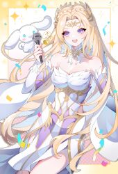 Rule 34 | 1girl, 1other, absurdres, arm up, artist request, bare shoulders, blonde hair, blue eyes, clothing cutout, collarbone, confetti, detached collar, douluo dalu, hair ornament, highres, long hair, microphone, open mouth, purple eyes, qian renxue (douluo dalu), rabbit, sanrio, second-party source, side cutout, teeth, thighs, upper body, upper teeth only