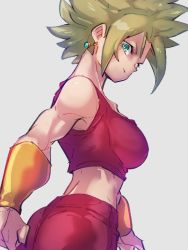 Rule 34 | 1girl, blonde hair, blue eyes, breasts, closed mouth, commentary request, dragon ball, dragon ball super, earrings, from side, jewelry, kefla (dragon ball), kemachiku, looking at viewer, medium breasts, midriff peek, muscular, muscular female, pants, potara earrings, red pants, red shirt, shirt, solo, spiked hair, super saiyan, vambraces, white background