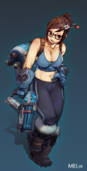 Rule 34 | 1girl, absurdres, bare shoulders, black-framed eyewear, blizzard (company), blue background, blue gloves, blue shirt, bracelet, breasts, brown eyes, brown hair, casual, character name, cleavage, clenched hand, collarbone, commentary request, cowboy shot, crop top, eyelashes, finger on trigger, full body, fur trim, glasses, gloves, grey background, gun, hair bun, hair ornament, hair stick, halterneck, hand on own hip, highres, hokoodo, index finger raised, jewelry, korean text, large breasts, looking at viewer, mei (overwatch), midriff, navel, open mouth, overwatch, overwatch 1, pants, parted lips, pointing, pointing up, shirt, short hair, simple background, single hair bun, sitting, sketch, skin tight, sleeveless, slippers, smile, snowflake hair ornament, snowflake print, solo, standing, standing on one leg, sweatpants, swept bangs, tank top, teeth, thigh gap, upper teeth only, watermark, weapon, web address, white background