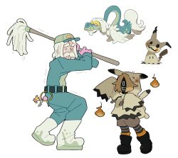 Rule 34 | 1boy, 1other, absurdres, baseball cap, belt, black footwear, blonde hair, boots, commentary, creatures (company), drampa, english commentary, facial hair, full body, game freak, gen 7 pokemon, gloves, hat, highres, hitodama, holding, holding mop, hood, hood up, hoodie, humanization, janitor, key, charm (object), long sleeves, magicact, mimikyu, mop, mustache, nintendo, old, old man, pink gloves, pokemon, pokemon (creature), reference inset, short hair, shorts, simple background, sleeves past fingers, sleeves past wrists, standing, white background, white footwear, white hair