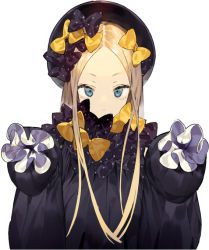 Rule 34 | 1girl, abigail williams (fate), black bow, black dress, black hat, blonde hair, blue eyes, bow, closed mouth, commentary request, dress, fate/grand order, fate (series), hair bow, hands in opposite sleeves, hat, kitada mo, long hair, long sleeves, looking at viewer, orange bow, parted bangs, polka dot, polka dot bow, simple background, smile, solo, tsurime, upper body, white background