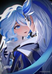 Rule 34 | 1boy, 1girl, absurdres, black background, black gloves, blue eyes, blue hair, crying, crying with eyes open, face-to-face, furina (genshin impact), genshin impact, gloves, gradient background, hair between eyes, highres, kiwmchee, light blue hair, long hair, lower teeth only, neuvillette (genshin impact), open mouth, sidelocks, simple background, smile, spoilers, teardrop, tears, teeth