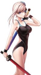 Rule 34 | 1girl, applekun, asymmetrical hair, backless swimsuit, black one-piece swimsuit, blue eyes, breasts, bun cover, closed mouth, collarbone, competition swimsuit, dual wielding, fate/grand order, fate (series), from side, hair between eyes, highres, holding, holding weapon, long hair, medium breasts, miyamoto musashi (fate), miyamoto musashi (swimsuit berserker) (first ascension) (fate), one-piece swimsuit, silver hair, simple background, solo, standing, swimsuit, weapon, white background, wristband