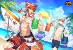 Rule 34 | 2boys, abs, akechi hideki, animal ears, beach, belt, blonde hair, blue eyes, cloud, commentary, copyright name, dutch angle, ein (mahjong soul), english commentary, fox boy, fox ears, fox tail, highres, holding, holding surfboard, innertube, logo, mahjong soul, male focus, multiple belts, multiple boys, multiple necklaces, nasaniliu, navel, ocean, official art, official wallpaper, one eye closed, palm tree, red hair, red shorts, shorts, side ponytail, surfboard, swim ring, tail, toned, toned male, tree, water, yellow eyes