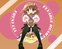 Rule 34 | 1girl, ahoge, black thighhighs, blush, brown eyes, brown hair, chocolate, flyable heart, gift, hair ornament, hairclip, heart, heart ahoge, holding, holding gift, inaba yui, incoming gift, ito noizi, mouth hold, school uniform, sitting, smile, solo, thighhighs, valentine, wallpaper