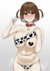 Rule 34 | 1girl, absurdres, animal print, areola slip, bare shoulders, bell, bikini, blush, breasts, brown eyes, brown hair, cleavage, closed mouth, clothes lift, collar, collarbone, cow print, frilled bikini, frills, hand up, heart pasties, highres, large breasts, lifting own clothes, micro bikini, navel, neck bell, nose blush, original, pasties, print bikini, red collar, short hair, smile, solo, stomach, strapless, strapless bikini, sweat, swimsuit, swimsuit lift, tantanmen72, two side up, v