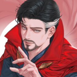 Rule 34 | 1boy, black hair, blue eyes, blue shirt, cloak, closed mouth, commentary request, doctor strange, facial hair, fingernails, hand up, korean commentary, lips, long sleeves, looking at viewer, male focus, mandarin collar, marvel, marvel cinematic universe, multicolored hair, poboong123, red cloak, shirt, short hair, simple background, smile, solo, two-tone hair, upper body, white background, white hair