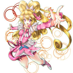 Rule 34 | 1girl, :d, aida mana, arm warmers, asymmetrical clothes, bike shorts, bike shorts under skirt, blonde hair, boots, bow, breasts, brooch, choker, covered erect nipples, cure heart, curly hair, dokidoki! precure, dress, elbow gloves, fingerless gloves, gloves, hair ornament, half updo, heart, heart brooch, heart hair ornament, knee boots, koyama takahiro, long hair, looking at viewer, magical girl, medium breasts, open mouth, pink bow, pink dress, pink eyes, pink footwear, pink skirt, ponytail, precure, ribbon, shorts, shorts under skirt, skirt, smile, solo, white background