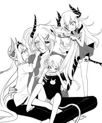 Rule 34 | &gt; &lt;, 1boy, 3girls, alternate costume, bad id, bad twitter id, biting, biting hair, black sclera, chiliarch (elsword), ciel (elsword), colored sclera, demon girl, demon tail, diabla (elsword), drawing on another&#039;s face, elsword, expressionless, fire, greyscale, highres, lighter, long hair, luciela r. sourcream, mellchi, mismatched sclera, monochrome, multiple girls, noblesse (elsword), pointy ears, symbol-shaped pupils, tail