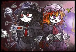 Rule 34 | 2girls, 3d glasses, ^^^, ascot, black border, black hair, black headwear, blonde hair, border, bow, capelet, dress, eyebrows, fedora, frown, gap (touhou), gradient background, hand on own hip, hat, hat bow, maribel hearn, md5 mismatch, mechanical arms, mob cap, multiple girls, necktie, pink neckwear, purple eyes, red eyes, red neckwear, resized, single mechanical arm, suenari (peace), surprised, sweatdrop, touhou, triangle mouth, usami renko