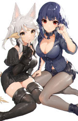 Rule 34 | 1girl, akizone, animal ears, au ra, black gloves, black shirt, black thighhighs, blouse, borrowed character, breasts, brown eyes, cheeze (akizone), collared shirt, fictional persona, final fantasy, final fantasy xiv, finger to mouth, fingerless gloves, fingernails, gloves, highres, index finger raised, large breasts, looking at viewer, midriff peek, pantyhose, renz (rirene rn), shirt, short hair, short shorts, shorts, shushing, sidelocks, simple background, solo, tail, thighhighs, thighs, warrior of light (ff14), white background, white hair