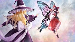 Rule 34 | 2girls, alternate costume, ascot, back bow, blonde hair, bow, brown hair, butterfly wings, capelet, chest sarashi, closed mouth, commentary request, detached sleeves, dress, frilled bow, frilled hair tubes, frills, hair bow, hair tubes, hakurei reimu, hat, hat bow, highres, insect wings, kirisame marisa, long hair, long sleeves, multiple girls, nodoguro (phi-tan), purple capelet, purple dress, purple hat, reaching, reaching towards another, red bow, red eyes, red skirt, ribbon-trimmed sleeves, ribbon trim, sarashi, shoes, skirt, skirt set, touhou, very long hair, white bow, wings, witch hat, yellow ascot