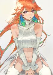 Rule 34 | 1girl, alternate costume, bare shoulders, detached sleeves, earrings, fadingz, feather earrings, feathers, garter straps, green hair, highres, hololive, hololive english, jewelry, long hair, looking at viewer, meme attire, multicolored hair, navel, orange hair, panties, purple eyes, ribbed sleeves, ribbed sweater, simple background, sleeveless, sleeveless sweater, solo, sweater, takanashi kiara, turtleneck, underwear, virgin destroyer sweater, virtual youtuber, white background, white garter straps, white panties, white sweater