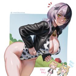 Rule 34 | 3girls, ^ ^, absurdres, animal ears, animal print, barking, bell, black hair, black jacket, blonde hair, blush, border, breasts, closed eyes, commentary, cow print, cowbell, dog ears, dog girl, english commentary, farm, fuwawa abyssgard, grey hair, grin, hair ornament, hairband, highleg, highleg swimsuit, highres, hololive, hololive english, jacket, large breasts, leaning forward, mococo abyssgard, multicolored hair, multiple girls, neck bell, notice lines, one-piece swimsuit, seventeencrows, shiori novella, siblings, sisters, smile, solo focus, split-color hair, swimsuit, thighs, twins, two-tone hair, virtual youtuber, white border, yellow eyes