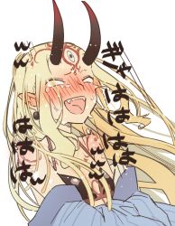 Rule 34 | 1girl, bare shoulders, bikini, black bikini, blonde hair, blue kimono, blush, body markings, breasts, earrings, facial mark, fangs, fate/grand order, fate (series), forehead mark, horns, ibaraki douji (fate), ibaraki douji (fate/grand order), ibaraki douji (swimsuit lancer) (fate), ibaraki douji (swimsuit lancer) (first ascension) (fate), isagiyo, japanese clothes, jewelry, kimono, laughing, long hair, nose blush, off shoulder, oni, oni horns, open mouth, pointy ears, simple background, sketch, small breasts, solo, swimsuit, teeth, upper body, white background