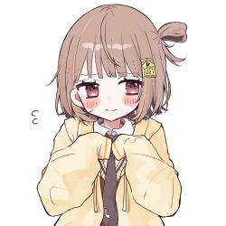 Rule 34 | 1girl, black necktie, black sweater, blonde hair, blunt bangs, blush stickers, brown hair, choppy bangs, closed mouth, collared shirt, drawstring, flying sweatdrops, hair ornament, highres, hood, hood down, hooded jacket, jacket, looking at viewer, medium hair, multicolored hair, naru-chan (naruuub), necktie, open clothes, open jacket, red eyes, sendo yuuhi, shirt, sidelocks, simple background, single hair ring, sleeves past fingers, sleeves past wrists, smile, solo, streaked hair, sweater, upper body, v-neck, virtual youtuber, vspo!, white background, white shirt, yellow jacket